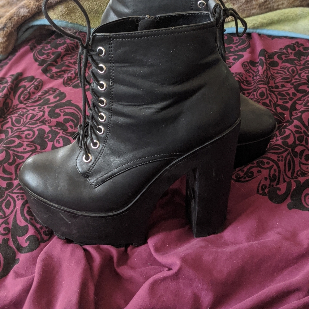 Platform Heel Lace Up Lug Booties